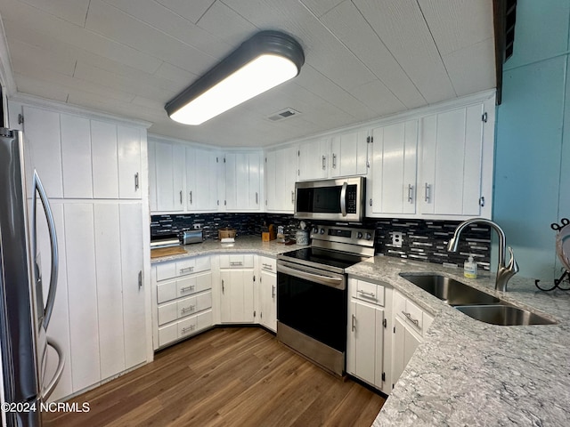 kitchen featuring appliances with stainless steel finishes, dark hardwood / wood-style floors, white cabinetry, and sink