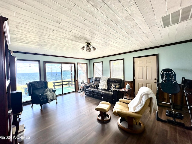 living room featuring wooden walls, crown molding, wood-type flooring, a water view, and wooden ceiling