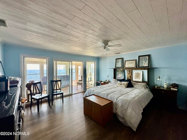 bedroom featuring hardwood / wood-style floors, wooden ceiling, a water view, access to exterior, and ornamental molding