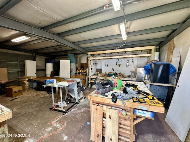 garage with a workshop area