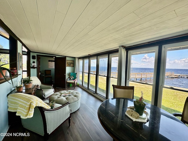 sunroom with a water view and wood ceiling