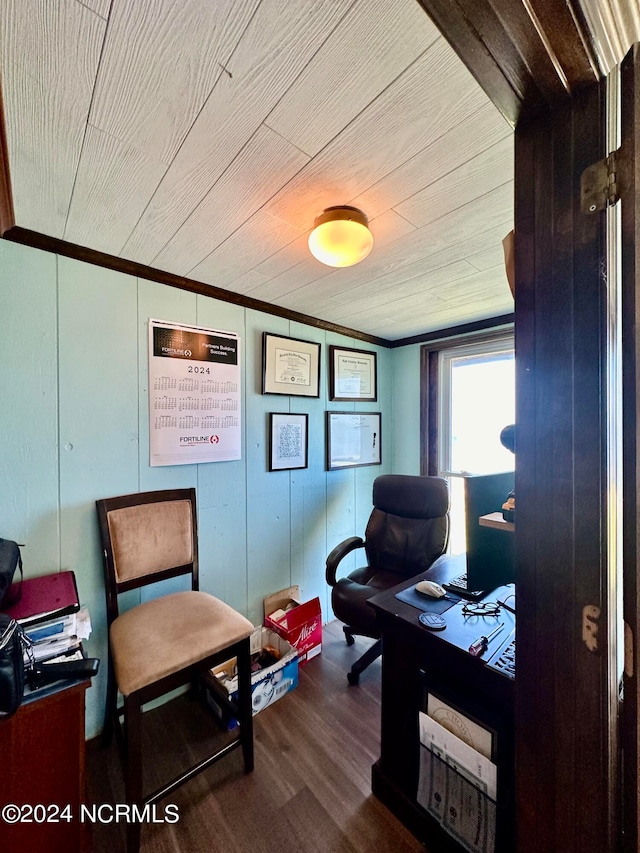 office area with crown molding, wooden walls, wooden ceiling, and hardwood / wood-style flooring