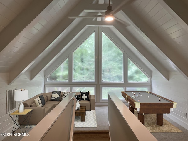rec room with billiards, ceiling fan, lofted ceiling with beams, and visible vents