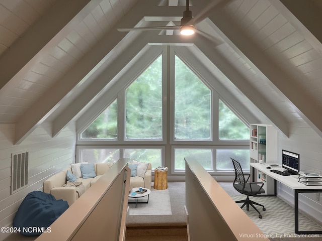 bonus room featuring wood ceiling, lofted ceiling with beams, a ceiling fan, and visible vents