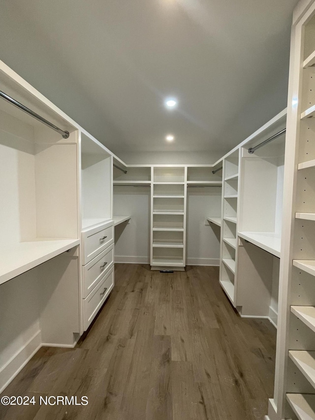 walk in closet with dark wood finished floors