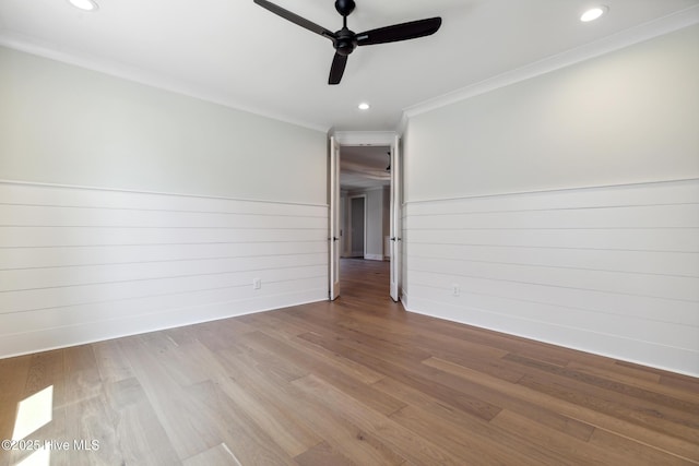 5037 Saltgrass Cv, Leland, NC 28451 - empty room featuring crown molding, ceiling fan, wood finished floors, and recessed lighting