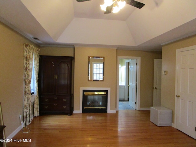 interior space with a glass covered fireplace, a raised ceiling, lofted ceiling, and light wood finished floors