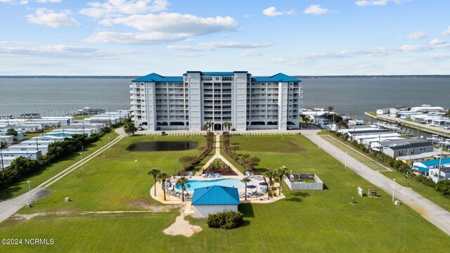 drone / aerial view featuring a water view