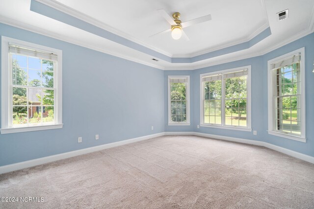 carpeted spare room with baseboards, visible vents, a raised ceiling, and ornamental molding