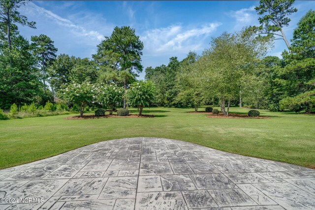 view of property's community with a lawn and a patio