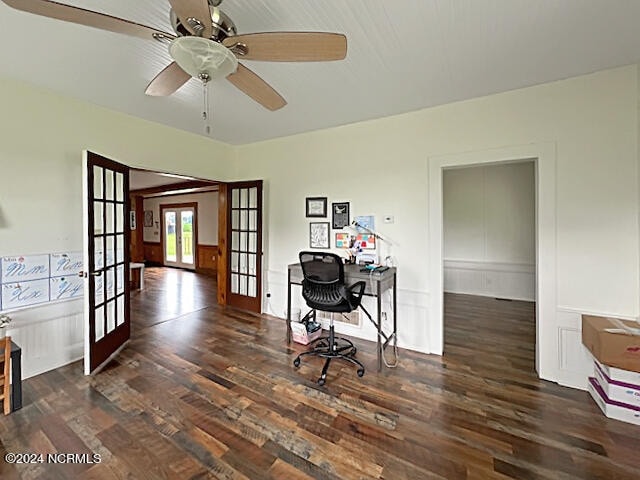 office area featuring french doors, dark wood-type flooring, and ceiling fan