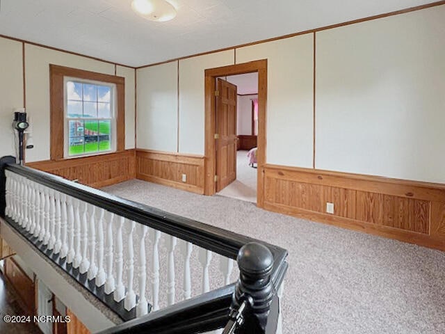 carpeted bedroom with wood walls