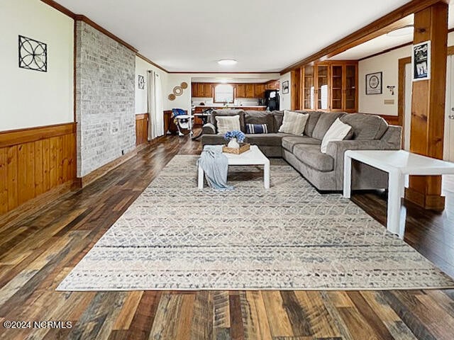 living room with wood walls, ornamental molding, and dark hardwood / wood-style floors