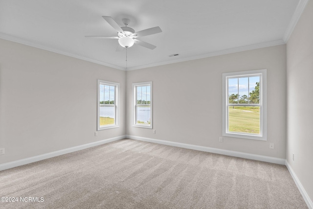 spare room featuring light colored carpet, ornamental molding, and ceiling fan