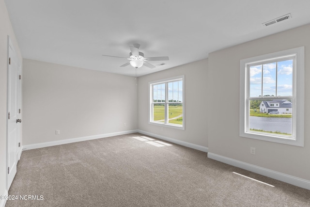 interior space featuring carpet floors, ceiling fan, and multiple windows