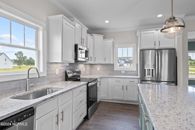 kitchen featuring sink, appliances with stainless steel finishes, dark wood-type flooring, tasteful backsplash, and hanging light fixtures