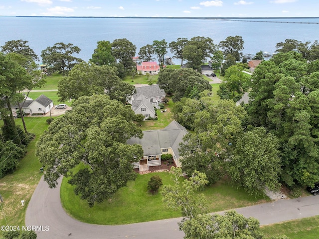 aerial view with a water view and a residential view