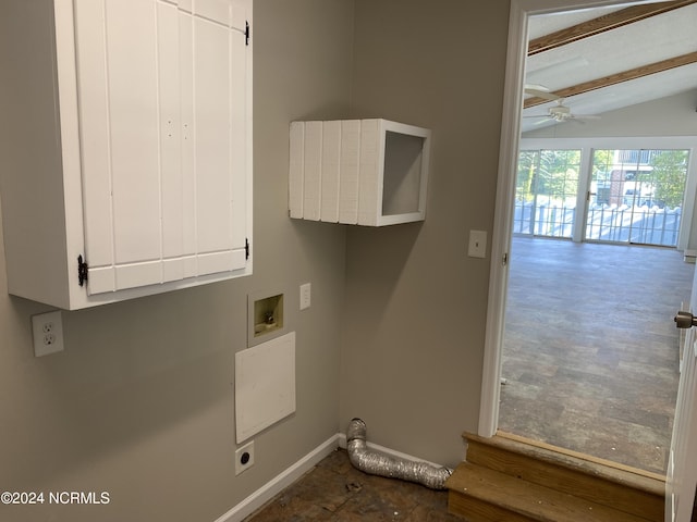 clothes washing area with hookup for a washing machine, cabinet space, hookup for an electric dryer, ceiling fan, and baseboards