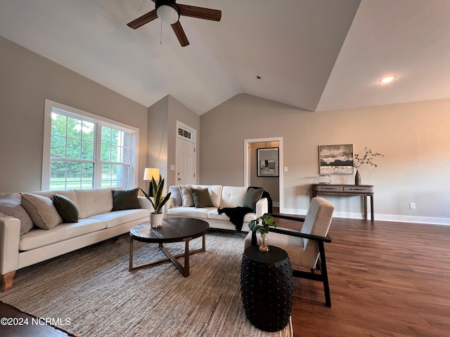 3701 Greystone Dr, Rocky Mount, NC 27804 - living room featuring baseboards, recessed lighting, ceiling fan, lofted ceiling, and wood finished floors