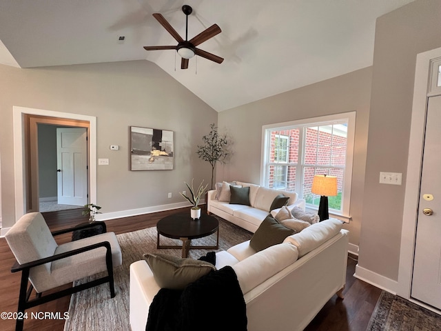 3701 Greystone Dr, Rocky Mount, NC 27804 - living area with dark wood-type flooring, baseboards, a ceiling fan, and vaulted ceiling
