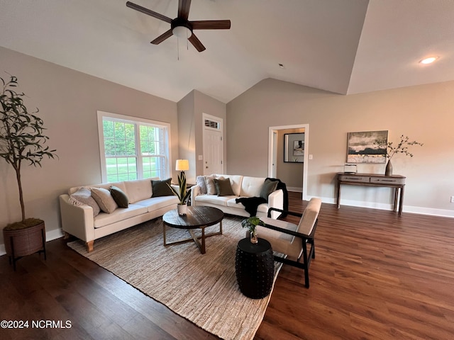 3701 Greystone Dr, Rocky Mount, NC 27804 - living room with wood finished floors, ceiling fan, baseboards, and lofted ceiling