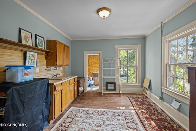 kitchen featuring wood finished floors, light countertops, ornamental molding, brown cabinets, and decorative backsplash