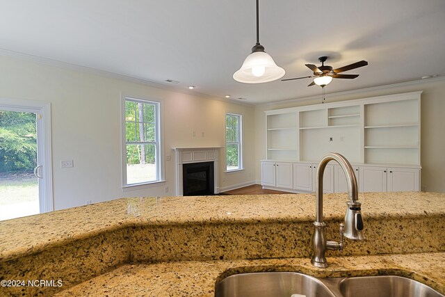 kitchen featuring hardwood / wood-style flooring, hanging light fixtures, ornamental molding, light stone counters, and sink