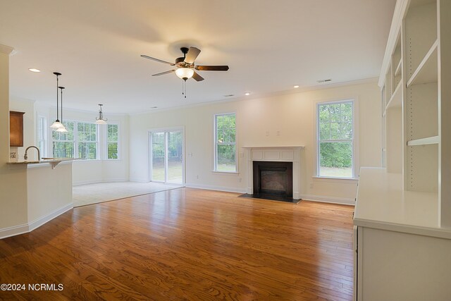 unfurnished living room with ceiling fan, light hardwood / wood-style flooring, crown molding, and sink