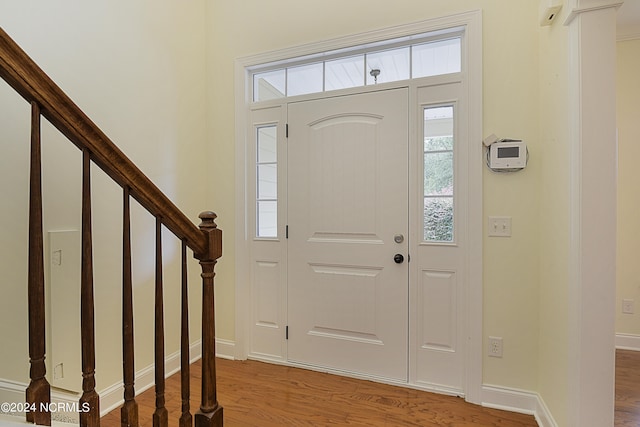 entryway with a wealth of natural light and wood-type flooring