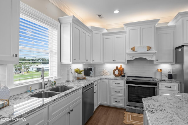 kitchen featuring stainless steel appliances, ornamental molding, dark hardwood / wood-style floors, tasteful backsplash, and sink