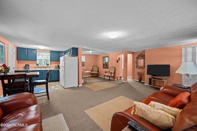 carpeted living room featuring a textured ceiling