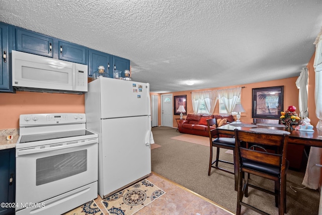 kitchen featuring white appliances, light colored carpet, open floor plan, blue cabinets, and light countertops