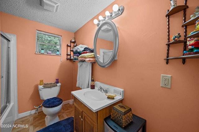 full bathroom with toilet, bath / shower combo with glass door, a textured ceiling, and vanity