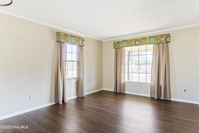 empty room featuring dark hardwood / wood-style floors and ornamental molding