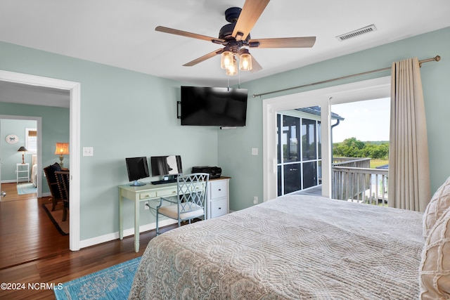 bedroom featuring ceiling fan, access to exterior, and dark wood-type flooring