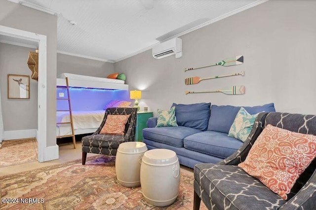 living room featuring a wall mounted air conditioner and ornamental molding