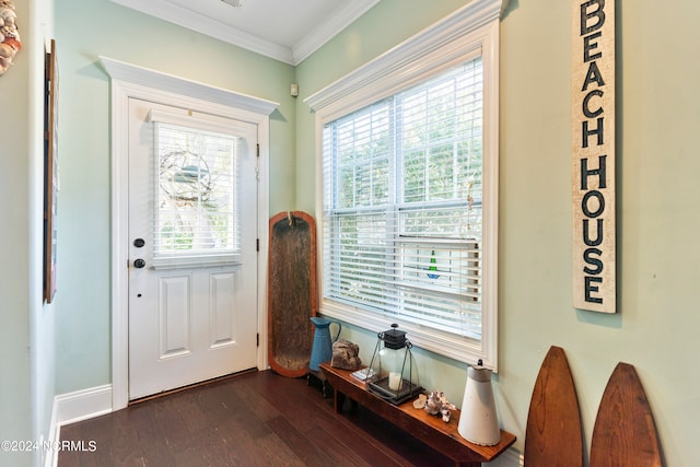 foyer entrance featuring ornamental molding and dark hardwood / wood-style floors