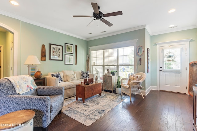 living room with ornamental molding, ceiling fan, and dark wood-type flooring