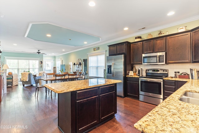 kitchen featuring light stone countertops, ceiling fan, appliances with stainless steel finishes, and dark hardwood / wood-style flooring