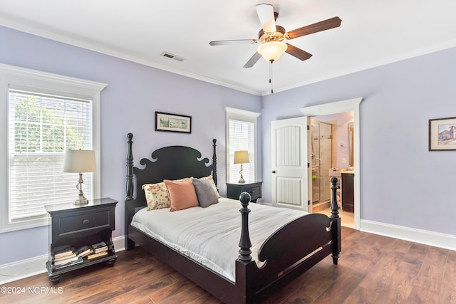 bedroom with multiple windows, dark hardwood / wood-style flooring, and ceiling fan