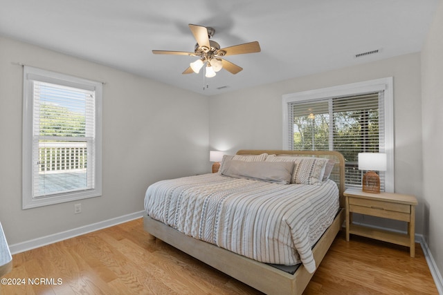 bedroom featuring ceiling fan and light hardwood / wood-style flooring