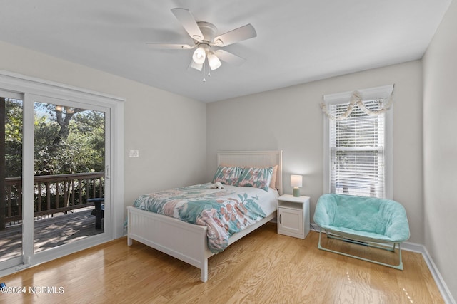 bedroom with ceiling fan, access to outside, and light wood-type flooring