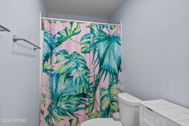 bathroom with a shower with shower curtain, vanity, and toilet