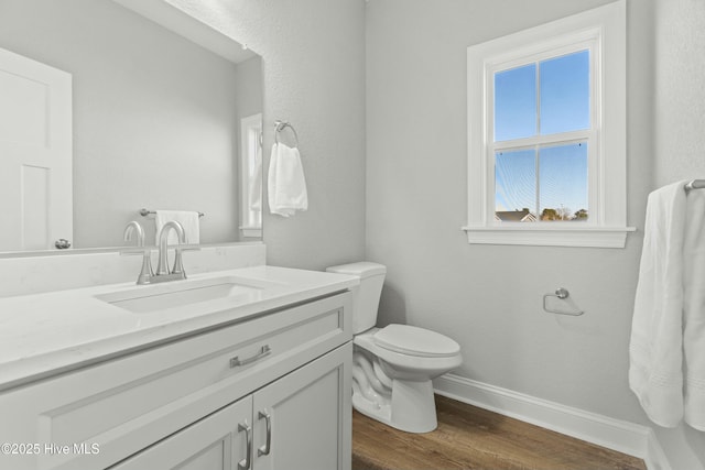 bathroom featuring vanity, wood-type flooring, and toilet