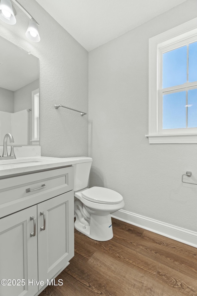 bathroom featuring vanity, hardwood / wood-style flooring, and toilet