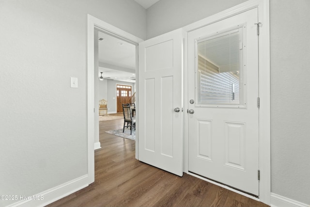 entryway featuring wood-type flooring and ceiling fan