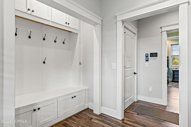 mudroom with a fireplace and dark hardwood / wood-style floors