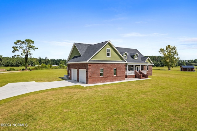 view of property exterior with a lawn and a garage