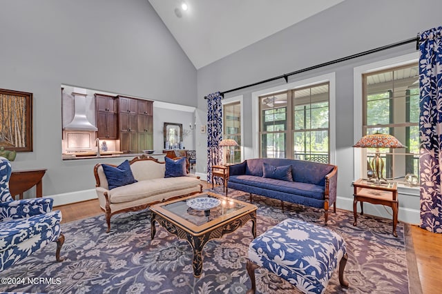 living area featuring high vaulted ceiling, baseboards, and wood finished floors