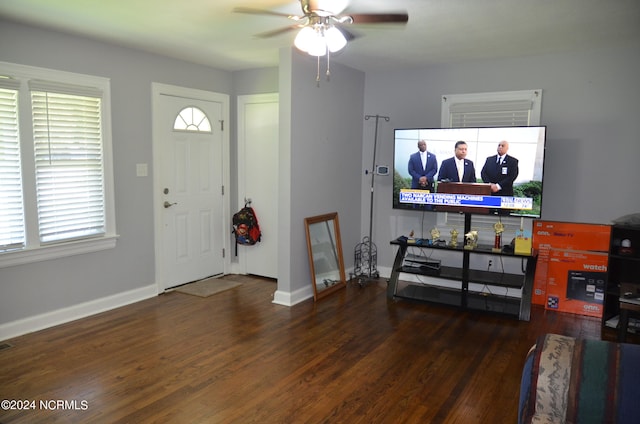 foyer featuring dark hardwood / wood-style flooring, a healthy amount of sunlight, and ceiling fan